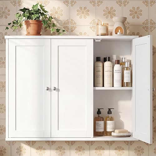 VASAGLE Siren Collection - Bathroom Wall Cabinet, Hanging Bathroom Storage Cabinet, for Medicines, Farmhouse, 4 Adjustable Shelves, 7.9 x 31.5 x 23.6 Inches, Cloud White UBBK350WB01S