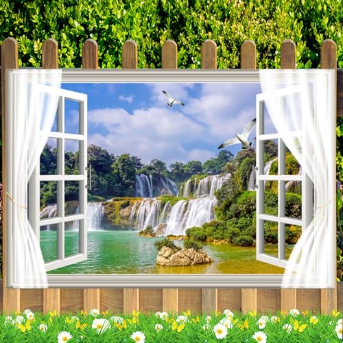 Fabric 7x5ft Waterfall Scenery Backdrop Outside Window View Spring Natural Landscape Photography Background Mountain Forest Birds Wallpaper Artistic Portraits Photo Studio Props