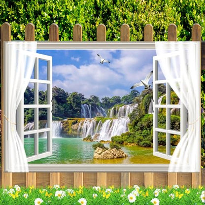 Fabric 7x5ft Waterfall Scenery Backdrop Outside Window View Spring Natural Landscape Photography Background Mountain Forest Birds Wallpaper Artistic Portraits Photo Studio Props