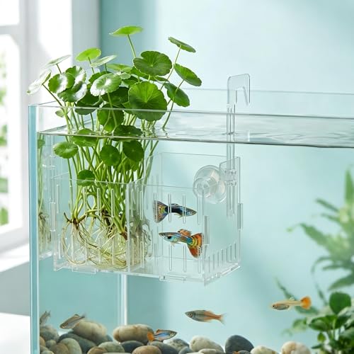 Aquarium Plant Holder with Suction Cups, Double Compartment Fish Tank Plant Basket, Hanging Hydroponic Planter for Fish Tank, Aquarium Breeder Box for Fry Shrimp Separation (Double Basket)