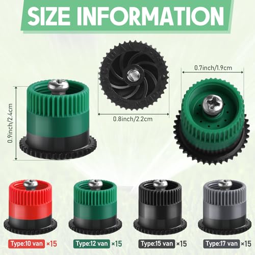 Honoson 60 Pcs Variable Arc Nozzle Radius High Efficiency Replacement Pop up Sprinkler Sprayer Head Compatible with Rainbird, Hunter Orbit Pop-up Sprinkler (10/12/15/17 Van,Red,Green,Black,Gray) - color: Red, Green, Black, Gray, size: 10/12/15/17 Van