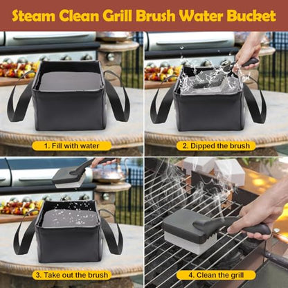 Collapsible Grill Brush Water Bucket & Dunk Tank for Stainless-Steel Grates, Steam Grill Brush