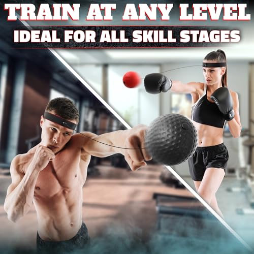 BURIUS Boxing Reflex Ball Set, 4 Balls and 2 Headbands, Reaction Training | Sharpens Hand-Eye Coordination, Hand Speed, and Focus - Same-Weight, Adjustable Kit Made for Beginner to Advanced Solo Drills