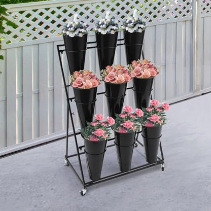Flower Display Stand with 9 Buckets, 3 Layers, Indoor/Outdoor Flower Shelf for Patio, Living Room, Florist, Black - style: 3 Layers 9 Buckets Black