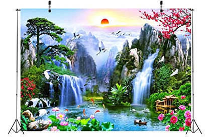 BELECO 5x4ft Fabric Fairyland Mountain Lake Photography Backdrop Waterfalls Swans Fish Flowers Dreamy Natural Landscape Painting Background Wall Murals Home Decor Kids Adults Portrait Photoshoot - size: 5x4FT