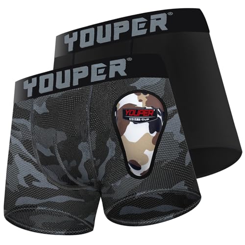 Youper 2 Pack Youth Brief with Soft Protective Athletic Cup, Youth Compression Underwear for Baseball & Football - color: Black & Camo, size: Medium