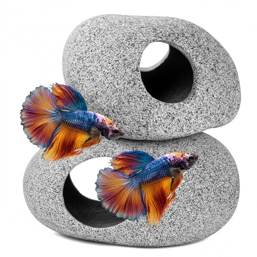 Aquarium Cave Decor - 2 PCS Natural Fish Tank Rocks for Betta Hideout and Shrimp Breeding, Hand-Polished Smooth Edges, PH Neutral, Ideal for 5-20 Gallon Tanks, Aquascaping Stone Ornaments - style: Small+Large-2 PIECES SET