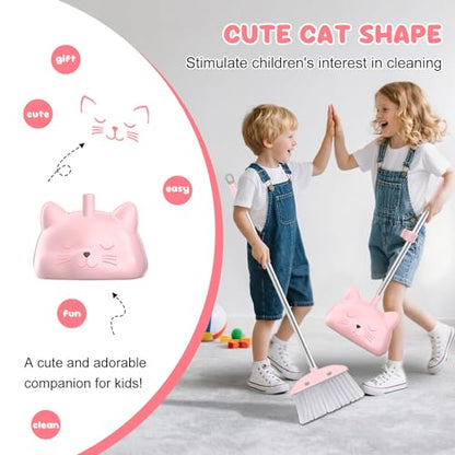 Mini Broom with Dustpan for Kids, 28-in Handle Kids Broom and Dustpan Set for Toddlers Cat-Shaped Children Cleaning Set Boys Girls Small Housekeeping Helper Set, Pink
