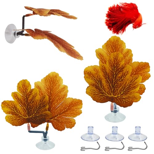 Fish Leaf Pad Betta Leaf Hammocks with Suction Cup 3pcs Fish Tank Accessories Aquarium Decor Plastic Plants Natural Habitat Spawning Breeding Resting Bed Multi Leaf Design (Yellow)