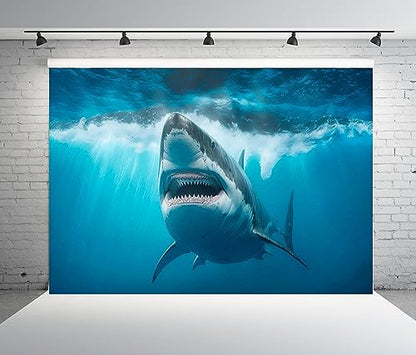 BELECO 10x6.5ft Fabric Under the Sea Backdrop Ocean Blue Sea Waves Aquarium Background Shark Theme Party Decorations Birthday Photoshoot Studio Props Wallpaper - size: 10x6.5FT
