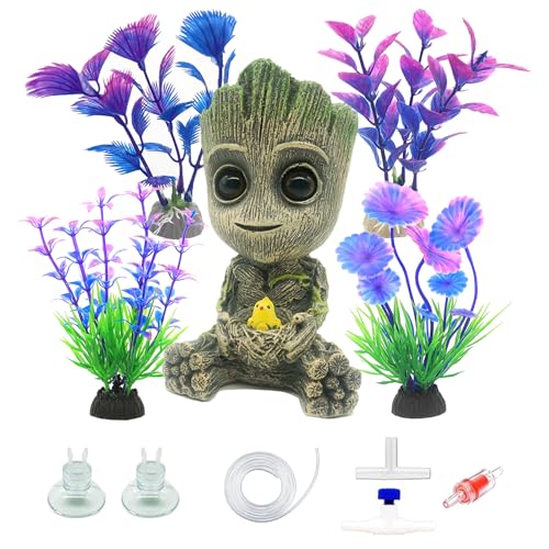 Aquarium Groot Air Bubbler Fish Tank Decorations, Fish Tank Air Stone Set with Bubble Accessories 6 pcs and Aquatic Plants 4 Pcs.