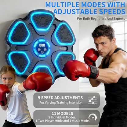 Leann L!fe Music Boxing Machine, Bluetooth Wall Mounted Boxing Trainer for Adults & Teens, Strong Adhesive Mount (No Drill), 11 Modes & 9 Speeds, 2 Pairs of Boxing Gloves & Reflex Ball, Blue Light - color: Black-Blue Light