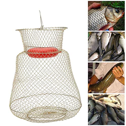 Portable Fishing Cage , Stainless Steel Mesh Fishing Bait Storage Cage , to Floating Fish Basket with Floating Bowl , for Outdoor Fishing(33cm in Diameter)