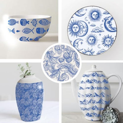 SUPERDANT 6PCS Feather Fish Leaf Underglaze Paper Transfer Sun Moon Transfer Papers for Clay Paisley Ceramic Porcelain Under Glaze Transfers for Pottery Blue Underglaze Decal Handcrafted Gifts - style: Feather Sun and Fish