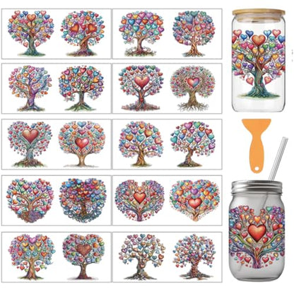 arricraft 10 Pcs Love Tree Theme Cup Printing UV Transfer Papers, 10 Styles Love Tree of Life Colorful Hearts PVC DIY Heat Transfer Stickers for 16 OZ Glass Cups Crafts 9.5x4.3inch - style: Love Tree Theme