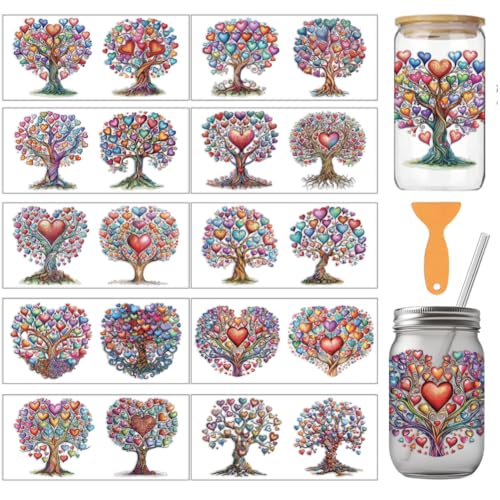 arricraft 10 Pcs Love Tree Theme Cup Printing UV Transfer Papers, 10 Styles Love Tree of Life Colorful Hearts PVC DIY Heat Transfer Stickers for 16 OZ Glass Cups Crafts 9.5x4.3inch - style: Love Tree Theme