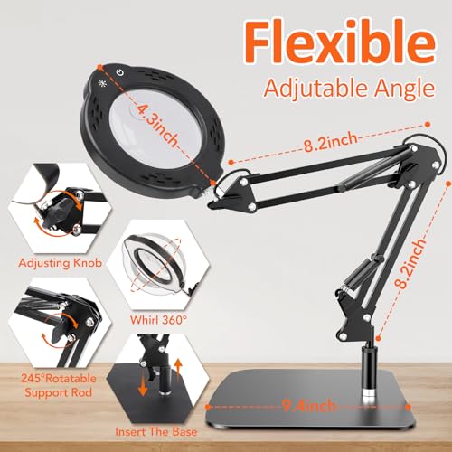 Magnifying Glass with Light and Stand, 10X 30X LED Desk Magnifier with Real Glass Lens, 5 Color Modes, 3 Brightness Levels, Hands-Free Magnifying Lamp for Reading, Crafts, Electronics and Jewelry