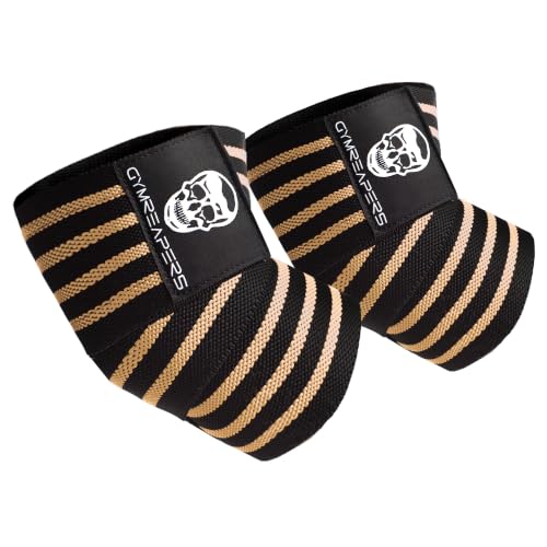 Gymreapers Weightlifting Elbow Wraps (1 Pair) - Flexible 40'' Elbow Compression Strap & Joint Support Brace - for Bench Press, Powerlifting, and Pressing - color: Tan