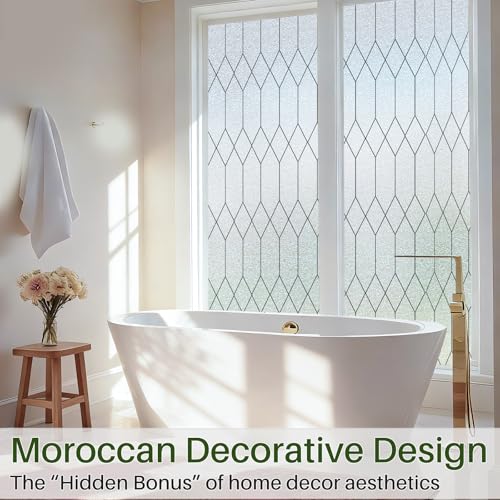 Window Privacy Film Stained Glass Static Clings, Bathroom Frosted Leaded Decorative Window Stickers, UV Heat Blocking Opaque Removable for Home Door Coverings (17.5 x 78.8in,Pure)