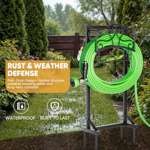 Heavy-Duty Garden Hose Holder with Storage Basket and Tool Hooks, Stable Hose Hanger Metal Garden Hose Storage Holds 160Ft, Rustproof Freestanding Water Hose Holder for Outside,Yard,Lawn,Farm - size: Holder+Basket 42.1in