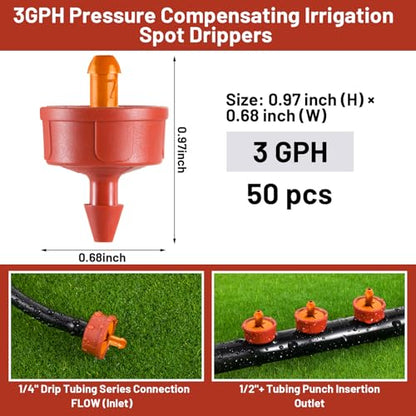 50 PCS 3 GPH Pressure Compensating Drip Irrigation Spot Dripper, High Flow Drip Irrigation Emitters Heads for Large Trees Bushes, Irrigation Drippers Parts for Orchard Large-Scale Outdoor Irrigation - size: 3 GPH 50PCS