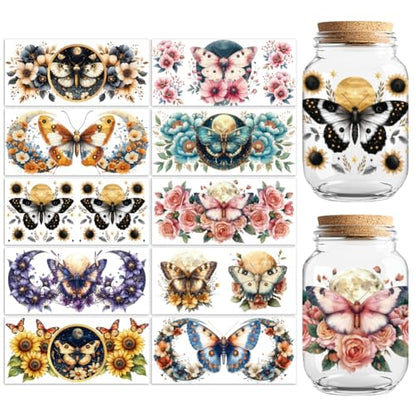 UV DTF Cup Wraps Transfer Stickers Flower Moth Pattern, 10 Sheets Waterproof Custom Vinyl Transfer Sticker 16oz Coffee Glass Cup Tumbler Bottle Mug Decals for Men Women - style: Flower Moth