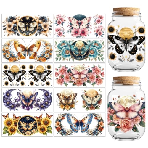 UV DTF Cup Wraps Transfer Stickers Flower Moth Pattern, 10 Sheets Waterproof Custom Vinyl Transfer Sticker 16oz Coffee Glass Cup Tumbler Bottle Mug Decals for Men Women - style: Flower Moth