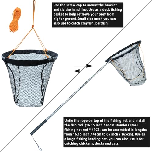 Large Collapsible Bridge Pier Fishing Net Landing Net with Rod, High Load Aluminum Ring Drop Net for Saltwater and Freshwater Pier Fishing Basket with 49.2 ft. Rope - color: Black, size: 23.6 x 23.6 x 27.5", style: 0.99*0.59 in Mesh