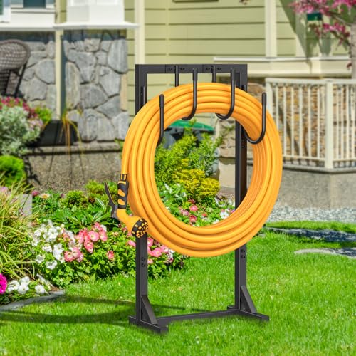 Garden Hose Holder Reel, Upgraded Metal Hose Reels Holds 150ft Hose with 4 Large hooks, Heavy Duty Freestanding Water Hose Holders, Detachable Hose Storage Hanger for Outside