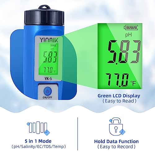 pH Salt Meter 5 in 1 pH TDS EC Salinity Tester for Pool Spa Aquarium Hydroponic Saltwater Digital pH and PPM Tester for Household Drinking Water Hot Tub Home Brewing Fish Tank… - color: 5 IN 1 Blue Color