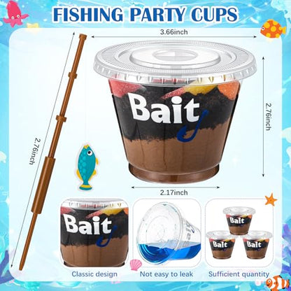 25 Set Fishing Party Favors 9 oz Bait Cups with Lids Fish Pole Decoration Clear Mini Plastic Bait Cups for Drinks Desserts Fishing Birthday Party Favors Supplies Baby Shower Decorations