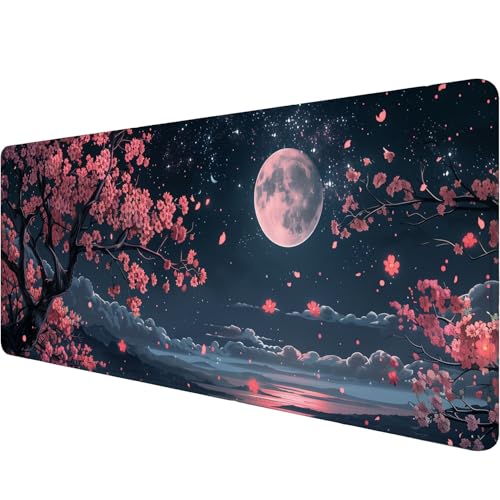 Cherry Blossom Floral Desk Pad Mouse Pad Kawaii Pink Black Moon Floral Gaming Mouse Mat with Stitched Edges,Non-Slip Waterproof Rubber Base Mous Mat Office Computer Keyboard Laptop Home 31.5"x11.8" - color: Cherry Blossom Floral_015, size: 11.8" x 31.5"