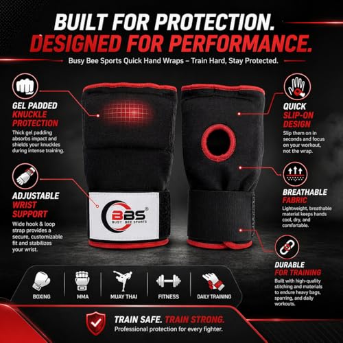 Busy Bee Sports Quick Hand Wraps for Boxing & MMA, Large Size (Snug Fit) – Gel Padded Inner Gloves with Wrist Support, Easy Slip-On Wraps for Men & Women, Breathable for Muay Thai & Kickboxing