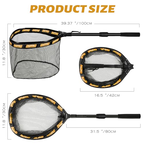 PLUSINNO Fishing Net Fish Floating Landing Net, Kayak Nets with Fixed Foldable Telescopic Pole Handle, Bass Trout Fishing Nets with Nylon Mesh for Pond Lake River, Fishing Gear Gifts for Men Anglers