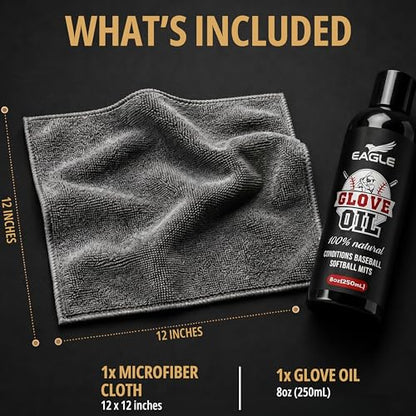 Eagle Baseball Glove Oil Conditioner with Applicator Cloth - 250mL (8.45oz) Glove Oil for Break-in & Glove Treatment - Leather Softener & Conditioner for Baseball, Softball Mitts