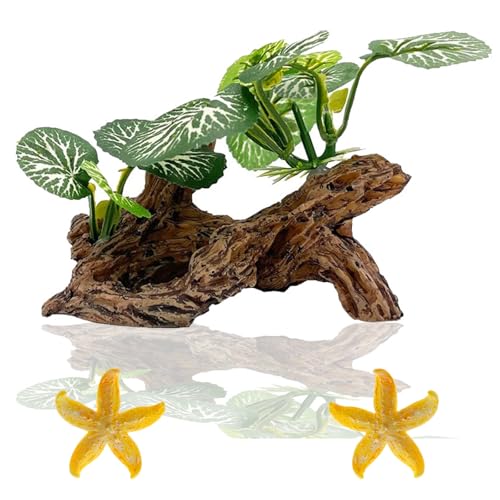 Star-Fish Silk Leaf pad Hammock Artifical Driftwood cave Fish Tank Decorations, Aquarium Decor Driftwood cave x 1pc, Fish Tank Accessories Starfish x 2pcs