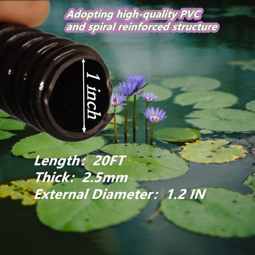 Pond Tubing 1" 20FT Length, Black Corrugated Flexible Reinforced PVC Hose for Pond Pump Fountain Garden Waterfall with 4 Stainless Clamps ﻿