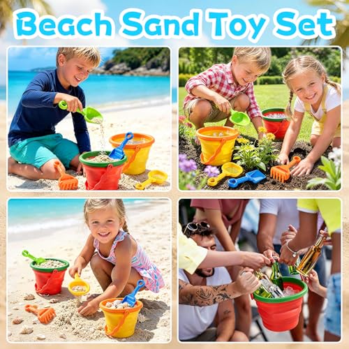 Collapsible Beach Toys for Kids, 2 Packs Foldable Silicone Sand Buckets Set with 4 Packs Sand shovels and Mesh Bag, Travel Beach Essentials for Sandbox, Pool, Camping,Fishing, Summer Party Favors