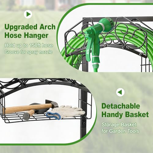 Garden Hose Holder, Freestanding Water Hose Holder Stand with Storage Basket, Sturdy Metal Garden Hoses Storage Rack Holds 150FT for Outside Yard Lawn Farm