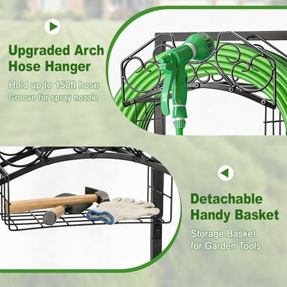 Garden Hose Holder, Freestanding Water Hose Holder Stand with Storage Basket, Sturdy Metal Garden Hoses Storage Rack Holds 150FT for Outside Yard Lawn Farm