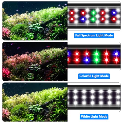 AQQA Full Spectrum Aquarium Light,Fish Tank Lights for Plant Growth Fish Viewing,3 Mode White Blue Red Green LED Beads,Timer,Adjustable Brightness,Extendable Brackets for Freshwater 18W for 18-24inch