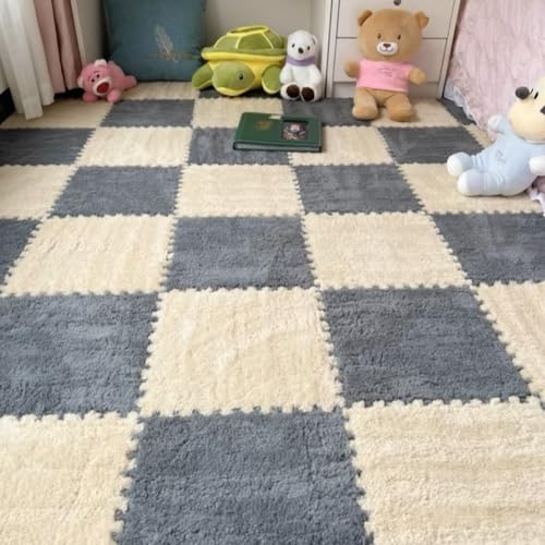 10 Pieces Plush Puzzle Play Mat 12''x12''x0.4'' Interlocking EVA Foam Mats,Shaggy Fluffy Carpet Floor Tiles Non-Slip Protective Floor Area Rug (Beige Grey) - color: Beige Grey