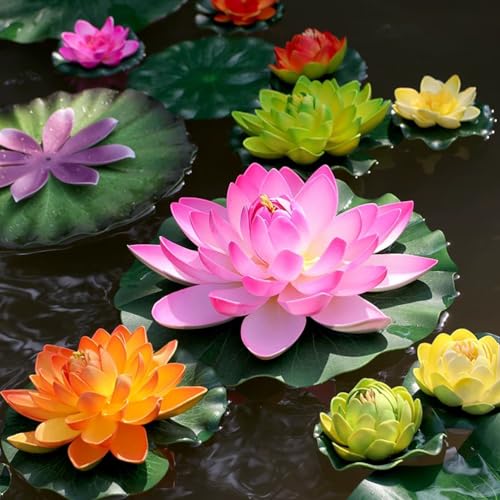 14pcs 11in & 6in Artificial Flowers Floating Foam Lotus Flower with Fake Lily Pads, Artificial Lily Pads for Pond for Pool Garden Fish Pond Aquarium Pool Wedding Decor