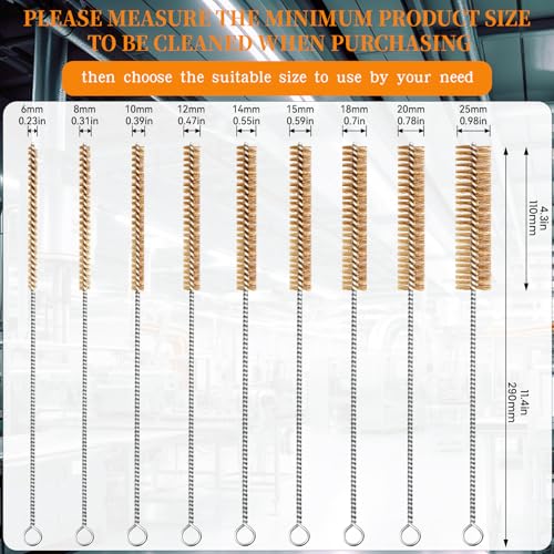 Brass Wire Brush Set 9pcs Tube Cleaning Brush 12" Round Wire Brushes Kit Bore Brush Metal Bristle Cleaning for Pipe, Tube, Auto Parts, Engine(6mm/8mm/10mm/12mm/14mm/15mm/18mm/20mm/25mm) - size: 9