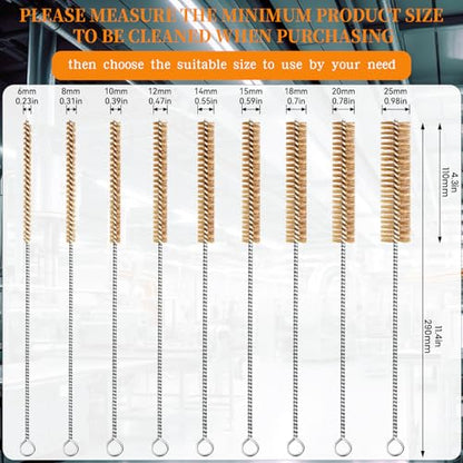 Brass Wire Brush Set 9pcs Tube Cleaning Brush 12" Round Wire Brushes Kit Bore Brush Metal Bristle Cleaning for Pipe, Tube, Auto Parts, Engine(6mm/8mm/10mm/12mm/14mm/15mm/18mm/20mm/25mm) - size: 9