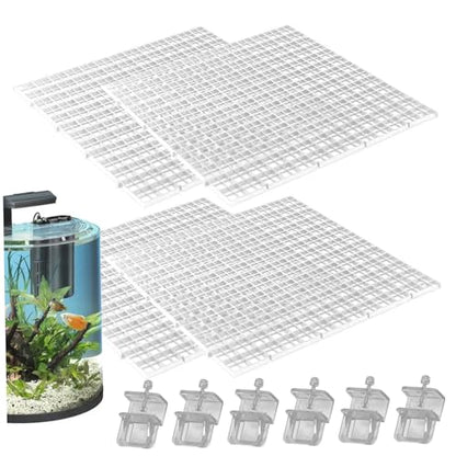Aquarium Hood, Aquarium Lid 4Pcs 12x12 Gridding Fish Tank Lid Anti-Jump Cat-Proof Hood with 6 Clamp Breathable Cuttable Nonopaque Fish Tank Cover