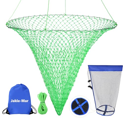 Foldable Drop and Pier Fishing Net, Portable Bridge Net, Foldable Crab Net Bait Shrimp Net with Foldable Bucket Soft Steel Hoop and 32FT Rope Storage Bag