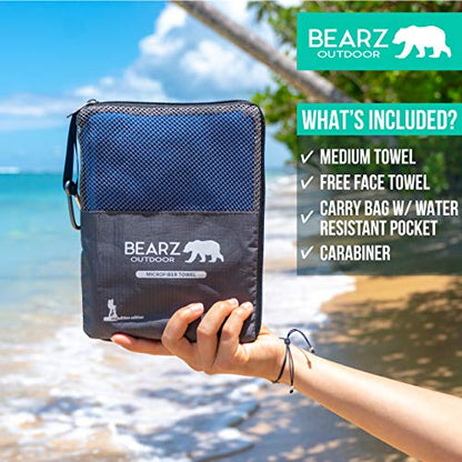 Microfiber Towel Set by BEARZ Outdoor. Microfiber Towels for Body, Workout Towel, Camp Towel, Yoga Towel, Sweat Towel, Microfiber Beach Towel, Travel Towel. Fast Drying & Compact. Free Face Towel - color: Navy Blue (2 Pack)