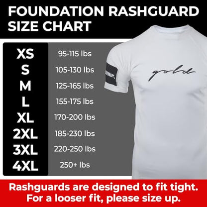 Gold BJJ Foundation Rash Guard - Ranked No-Gi and Gi Jiu Jitsu Rashguard - color: White (Short Sleeve), size: Large