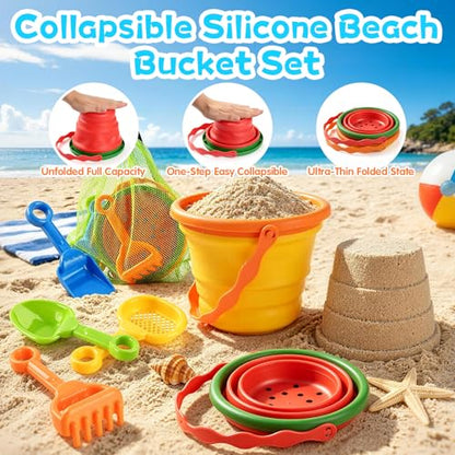 Collapsible Beach Toys for Kids, 2 Packs Foldable Silicone Sand Buckets Set with 4 Packs Sand shovels and Mesh Bag, Travel Beach Essentials for Sandbox, Pool, Camping,Fishing, Summer Party Favors